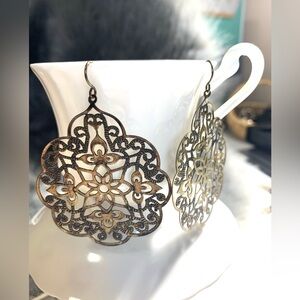 Filigree Floral Drop Earrings in Antique Gold Tone